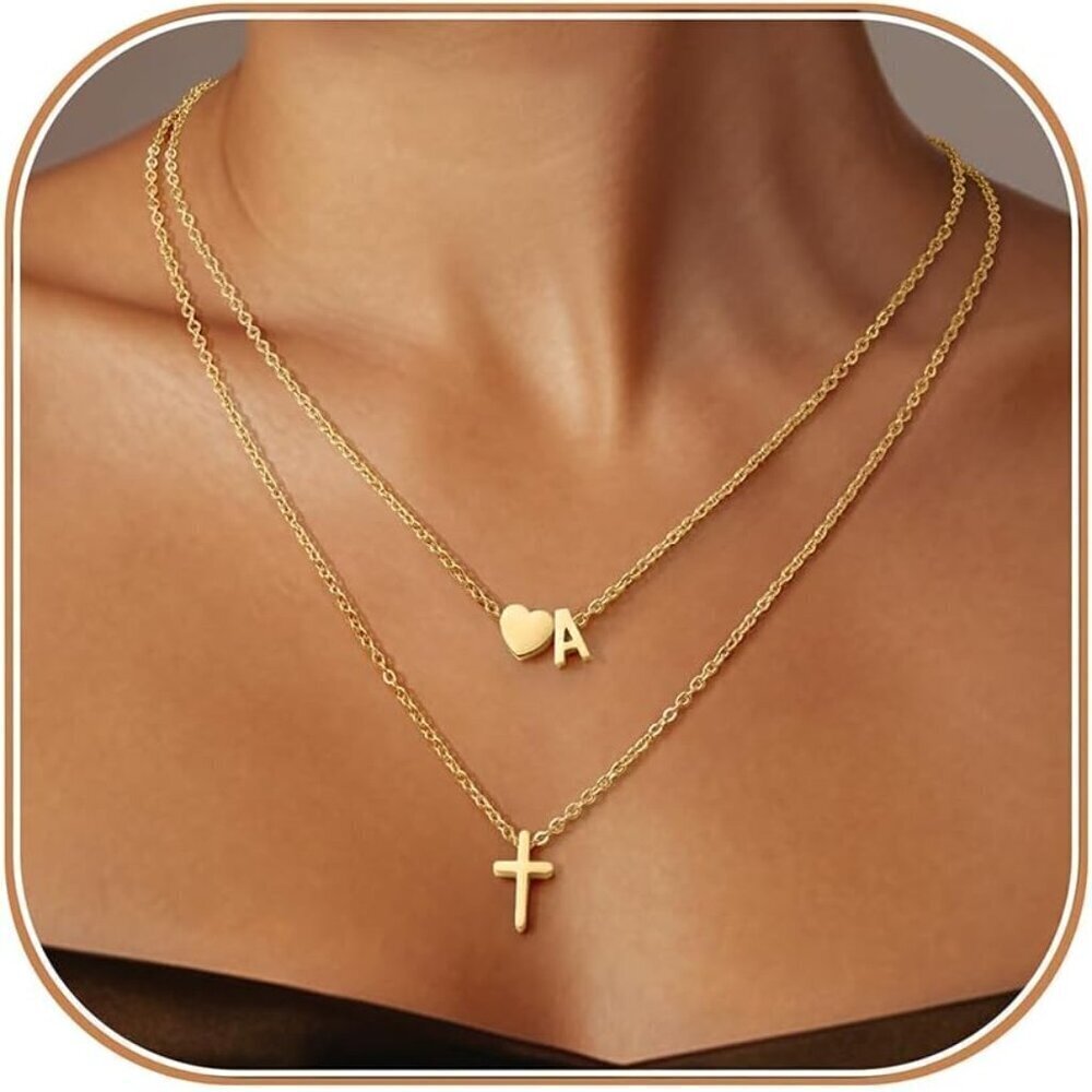 Layered Gold Necklaces for Women 18K Gold Plated Heart Initial Cross Jewelry